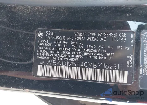 2000 BMW 528I z USA, uszkodzony, nr VIN WBADM5340YBY18231